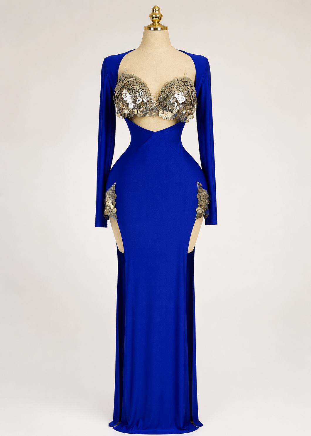 Women's Color Gold Sequin Cut Out Maxi Dress