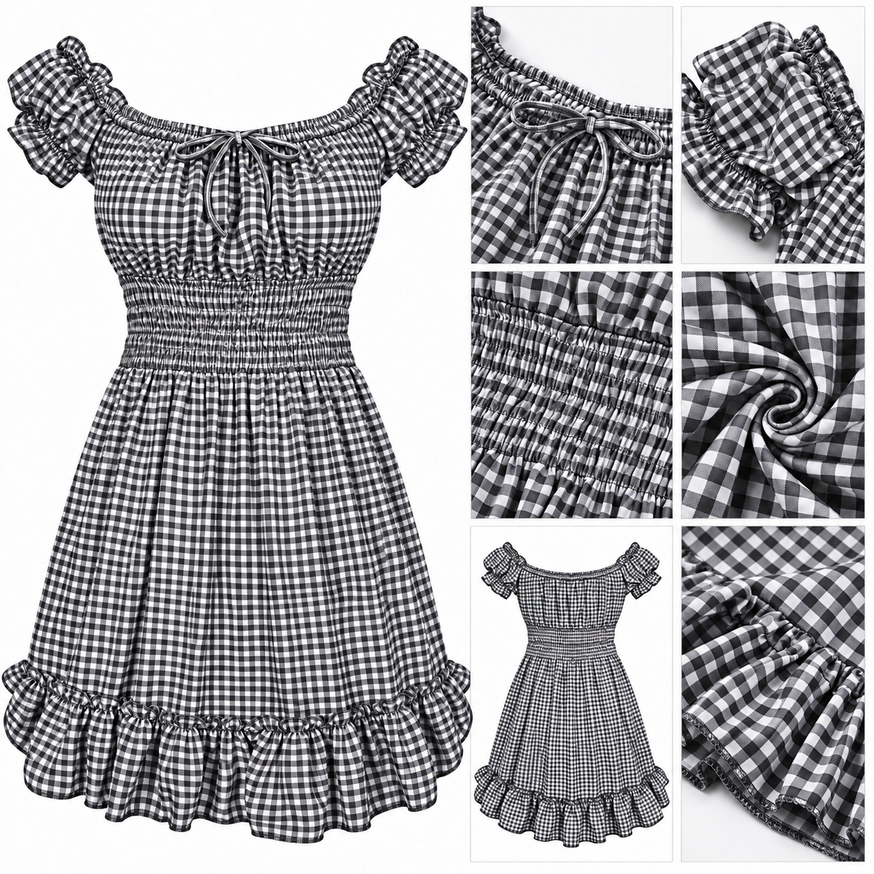 Gingham Off Shoulder Ruffle Mini Dress