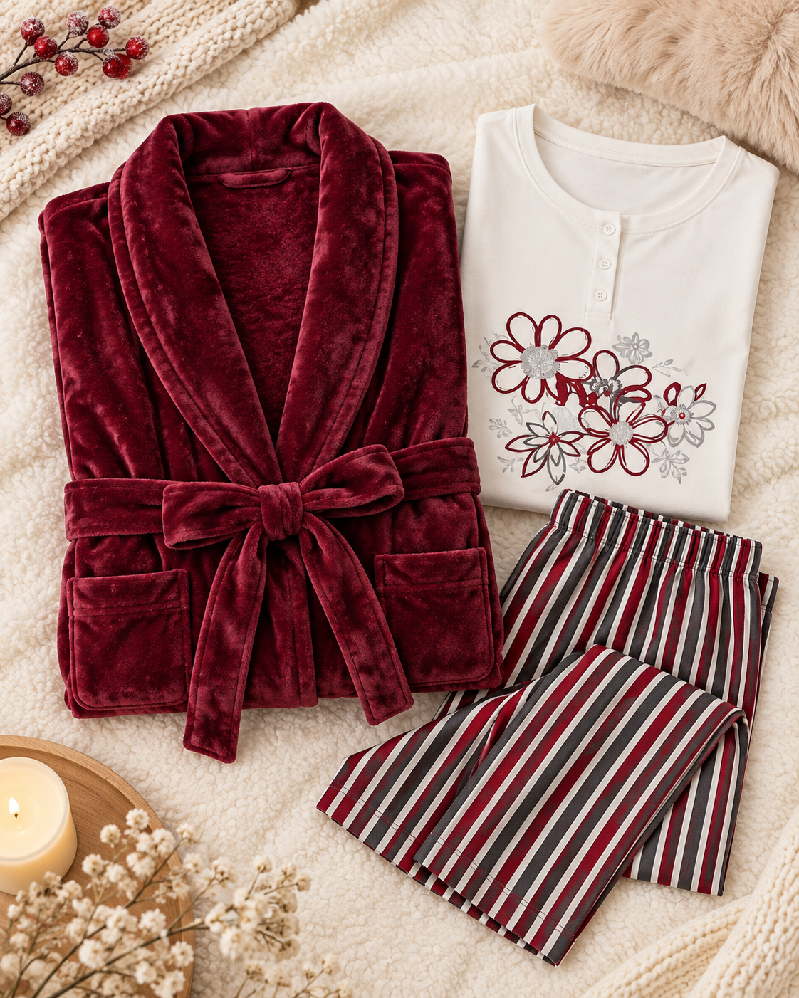 Burgundy Plush Robe 3-Piece Winter Pajama Set
