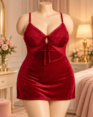 Red Velvet Lace Nightdress and Robe 2 Piece Set Big Size