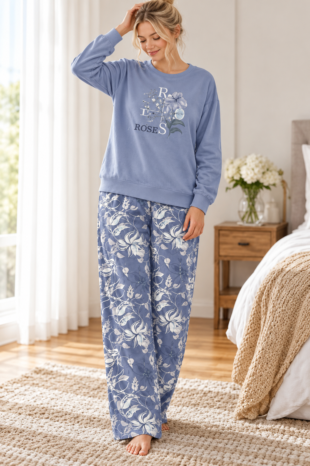 Dusty Blue Floral Sweatshirt & Wide Leg Pajama Set