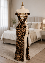 Women's Leopard Print Cut Out Maxi Dress with Gold Chain Detail