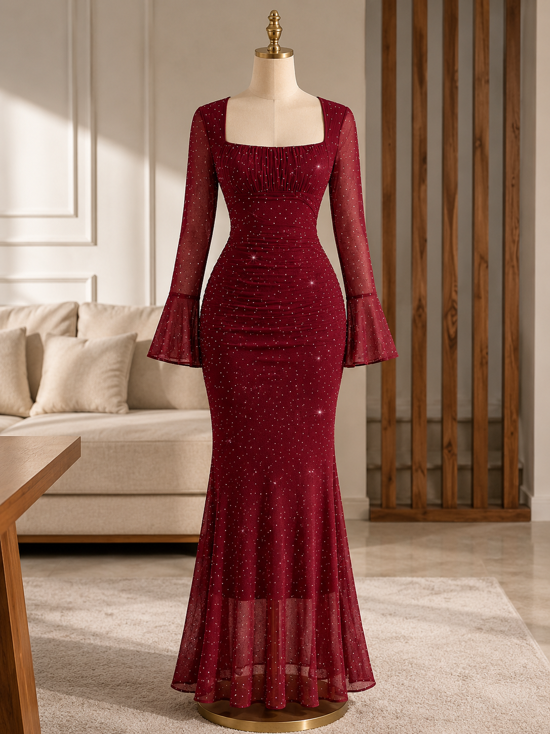 Burgundy Glitter Mermaid Maxi Dress