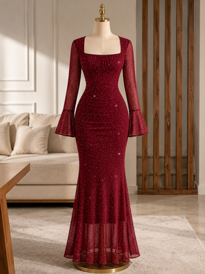 Burgundy Glitter Mermaid Maxi Dress