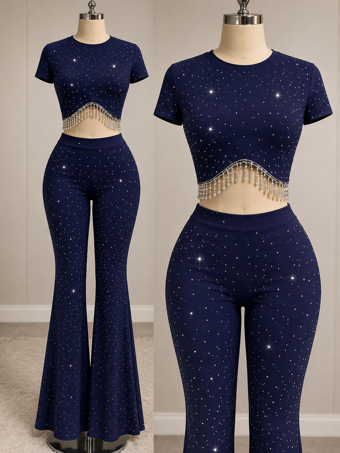 Women's Rhinestone Crop Top & Flared Pants