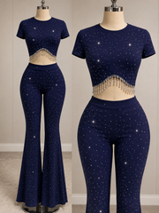 Women's Rhinestone Crop Top & Flared Pants