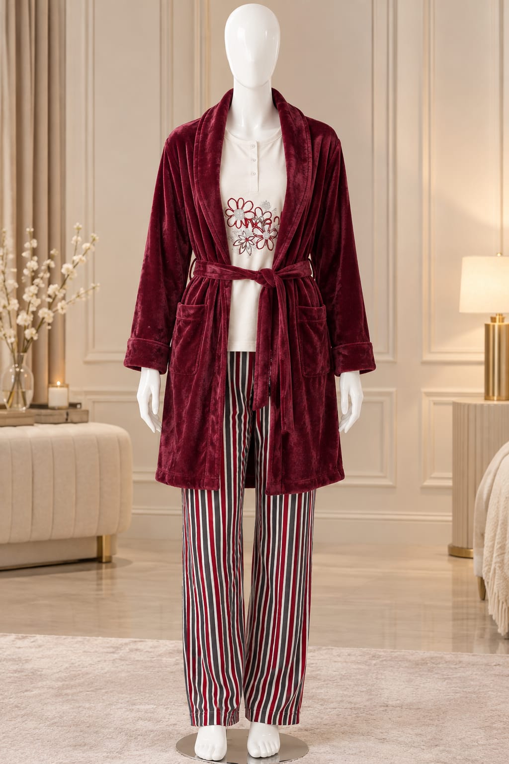 Burgundy Plush Robe 3-Piece Winter Pajama Set