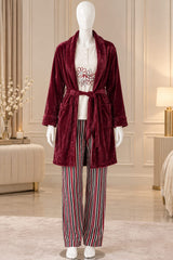 Burgundy Plush Robe 3-Piece Winter Pajama Set