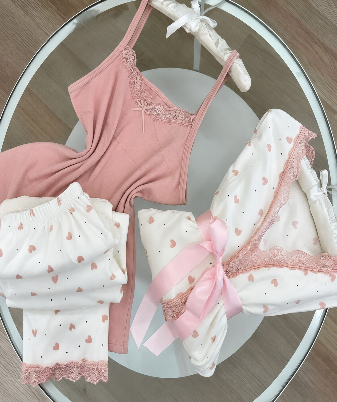 Pink Heart Print 3Pcs Pajama Set