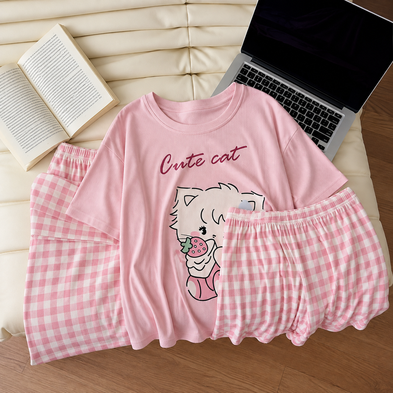 Pink Cute Cat Print Women's Pajama Set – 3 Pcs
