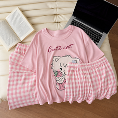 Pink Cute Cat Print Women's Pajama Set – 3 Pcs