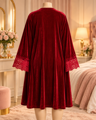 Red Velvet Lace Nightdress and Robe 2 Piece Set Big Size