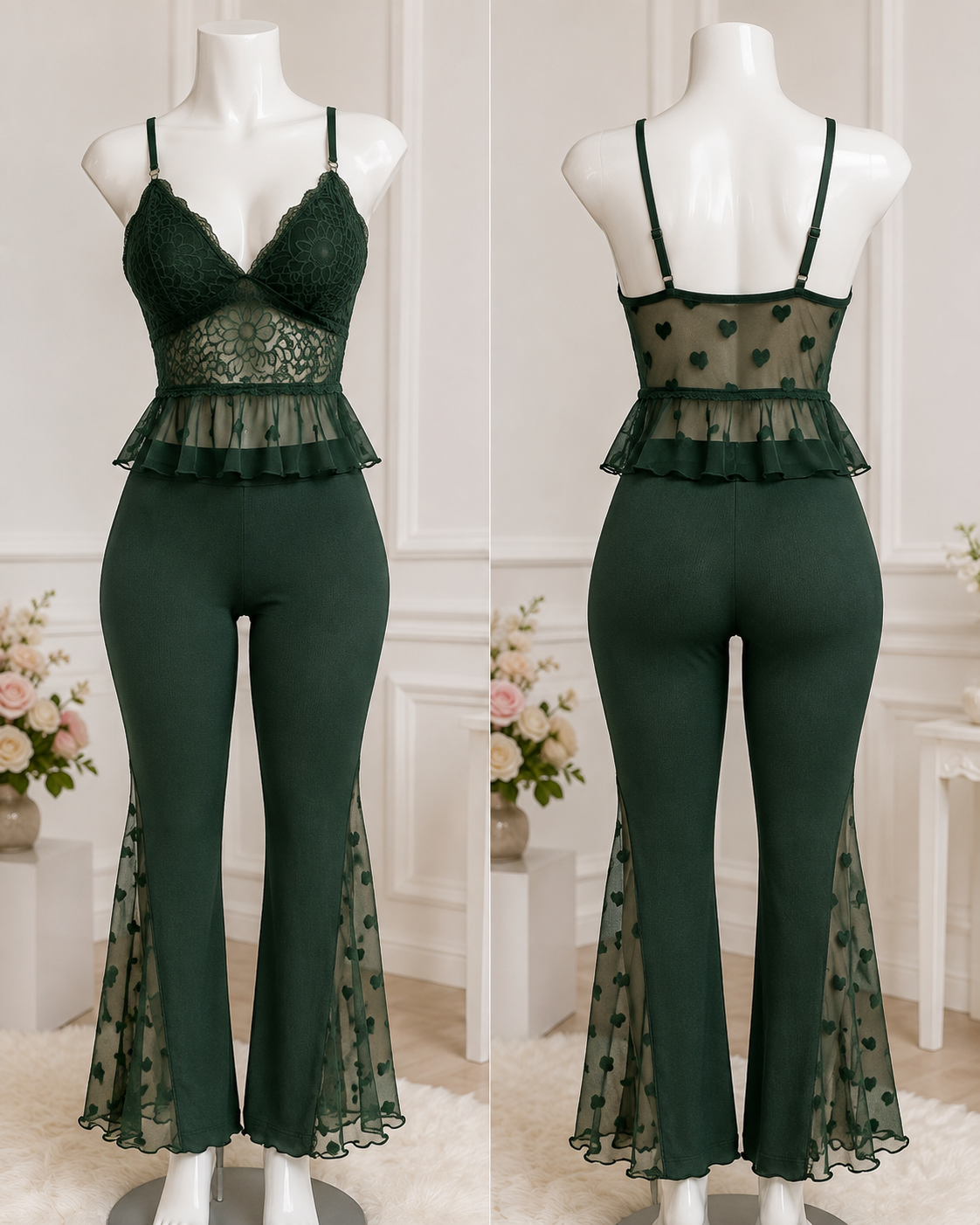 Women's Lace Cami & Sheer Mesh Flared Pants Pajama Set