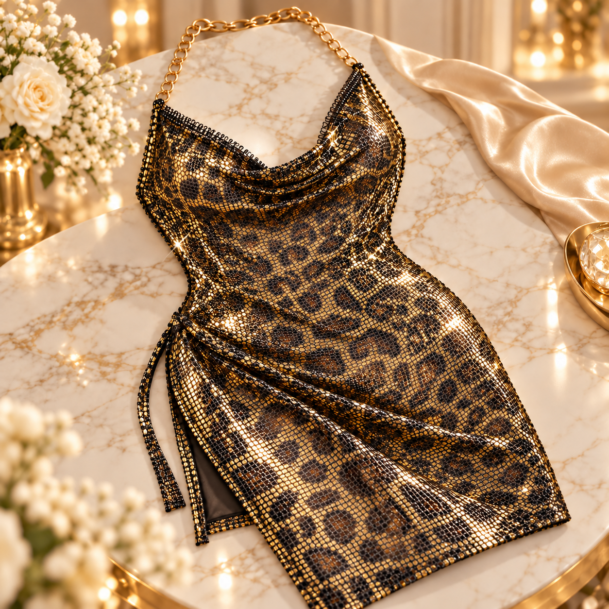 Gold Leopard Print Chain Halter Lingerie Mini Dress with Side Slit