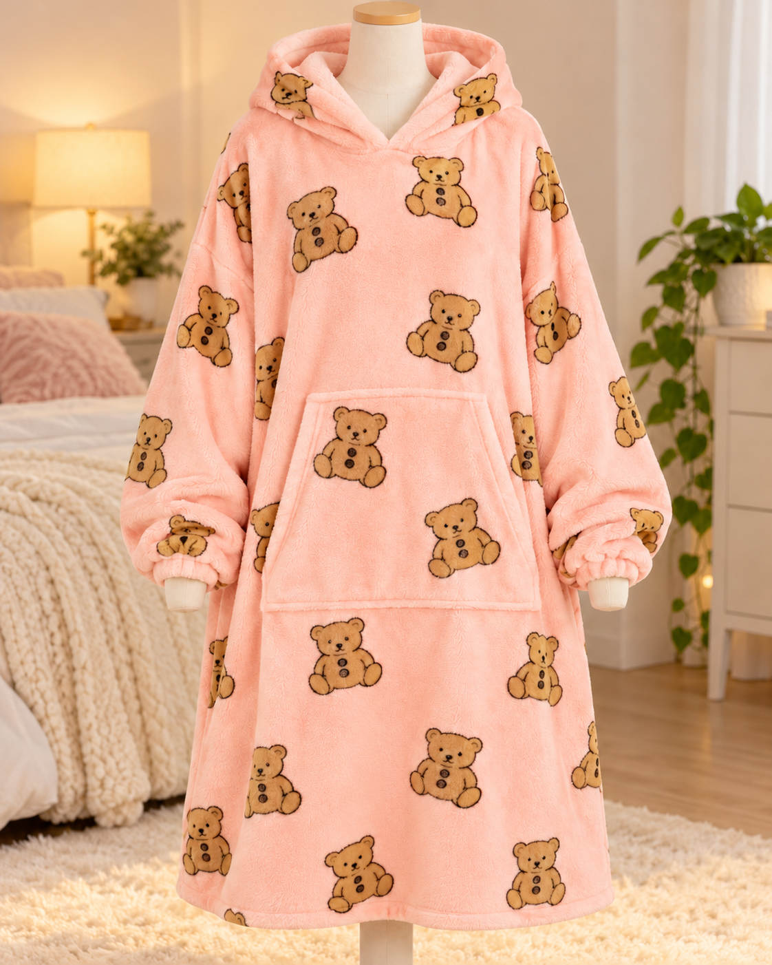Teddy Bear Print Fleece Hooded Mini Dress
