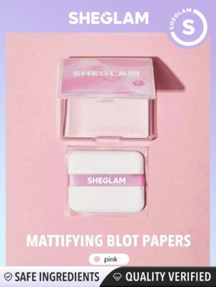 sheglam mattifying blot papers with puff and mirror pink