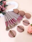 SheIn New 13 Piece Makeup Brush Set Includes 3 Pieces Makeup Sponges and 3 Pieces Pink Powde