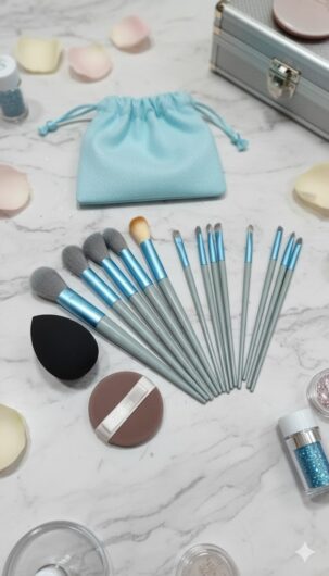 Shein 13pcs Blue Makeup Brushes Set + 2 Sponge